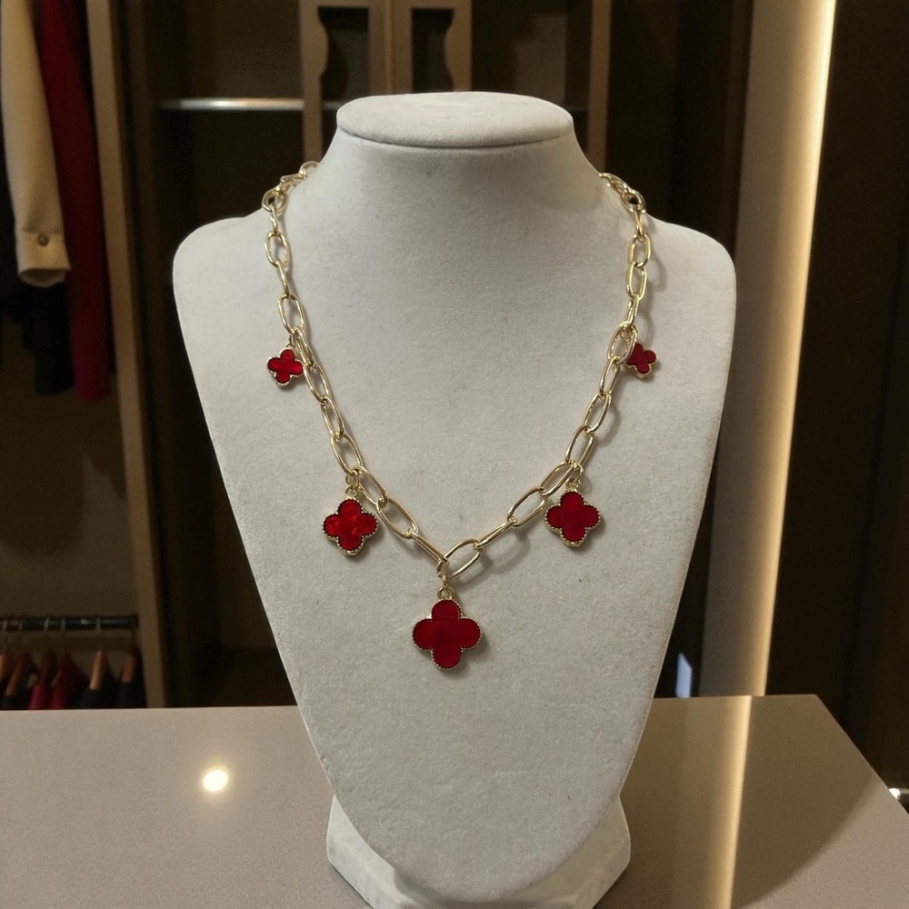 Gold Chain Necklace with Red Clover Charms NWT